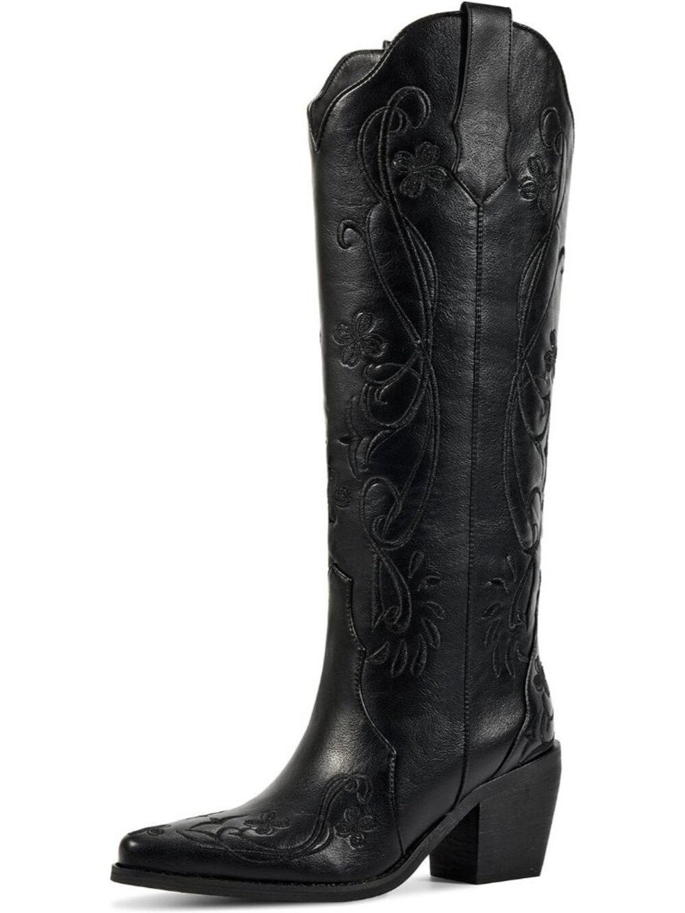 Women's Classic Black Floral Embroidered Pull On Casual Block Heel Cowgirl Boots